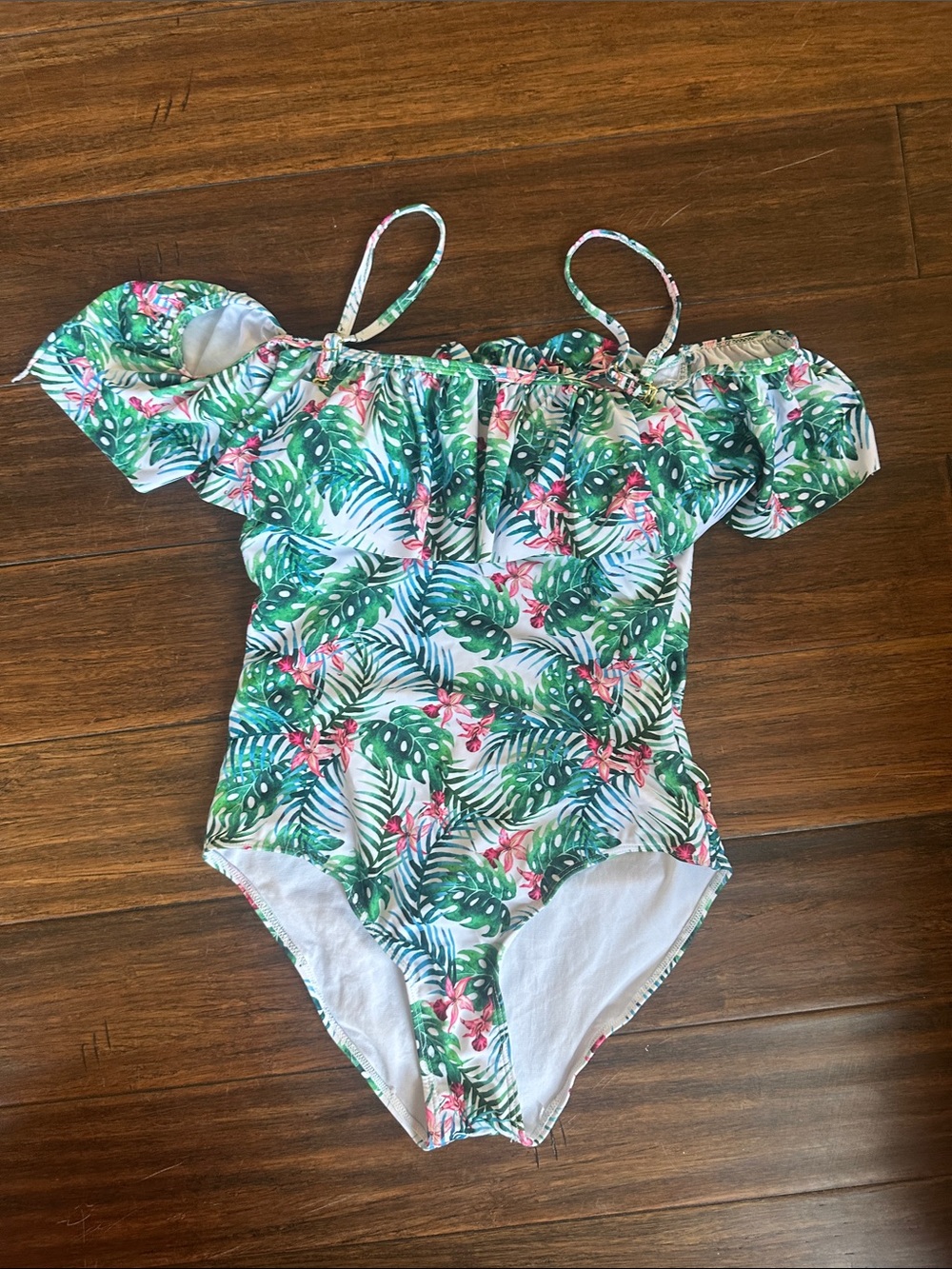 Off-Shoulder Tropical Leaf One-Piece Swimsuit - Green